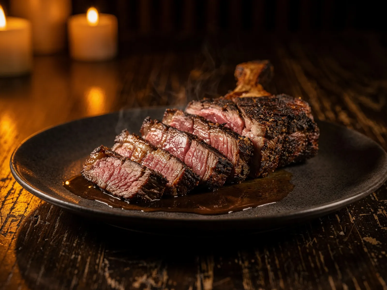 Aufgeschnittenes Dry-aged Ribeye in Glutlicht